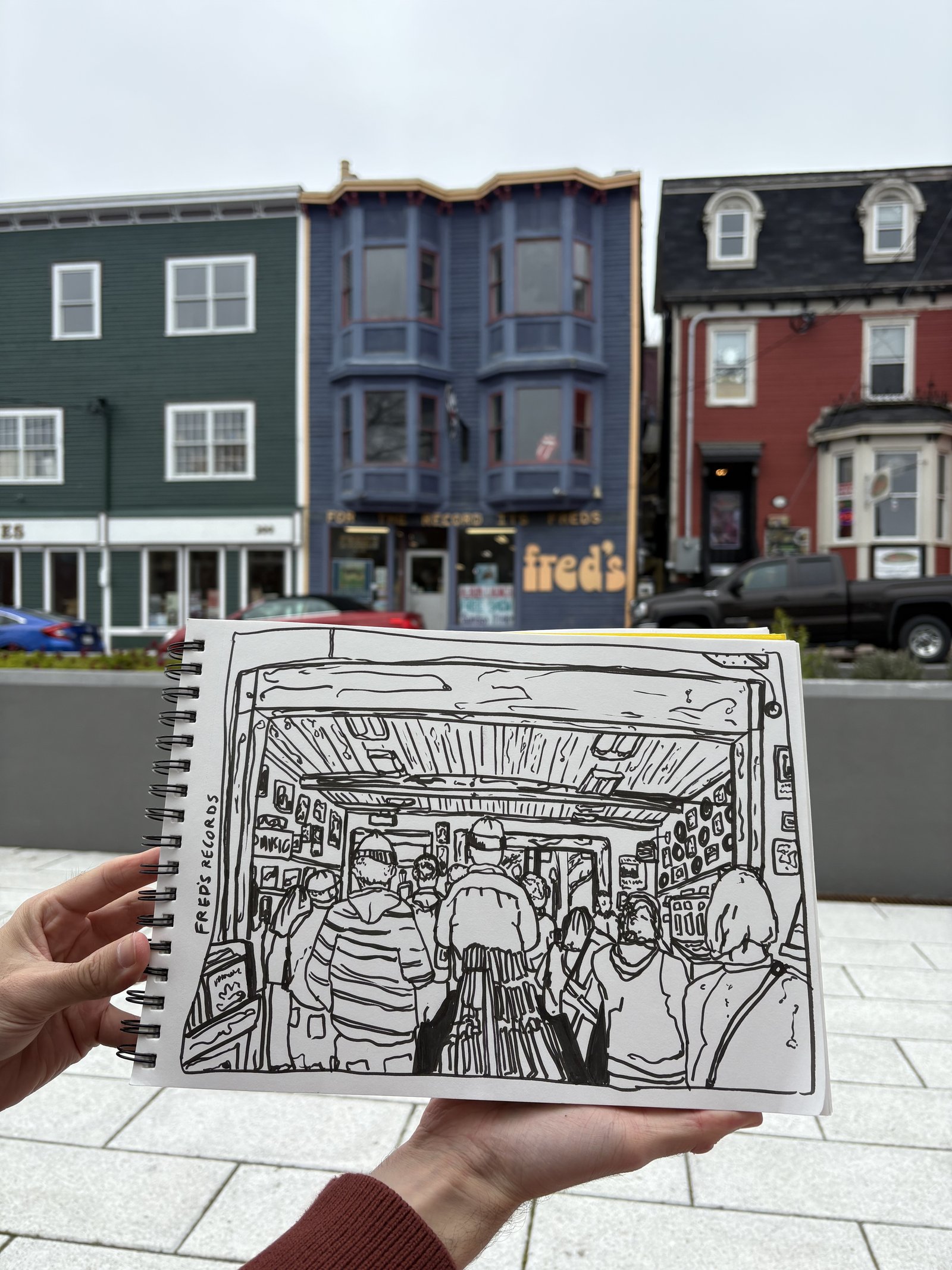 Ink sketch of the interior of Fred's Records, drawn on location