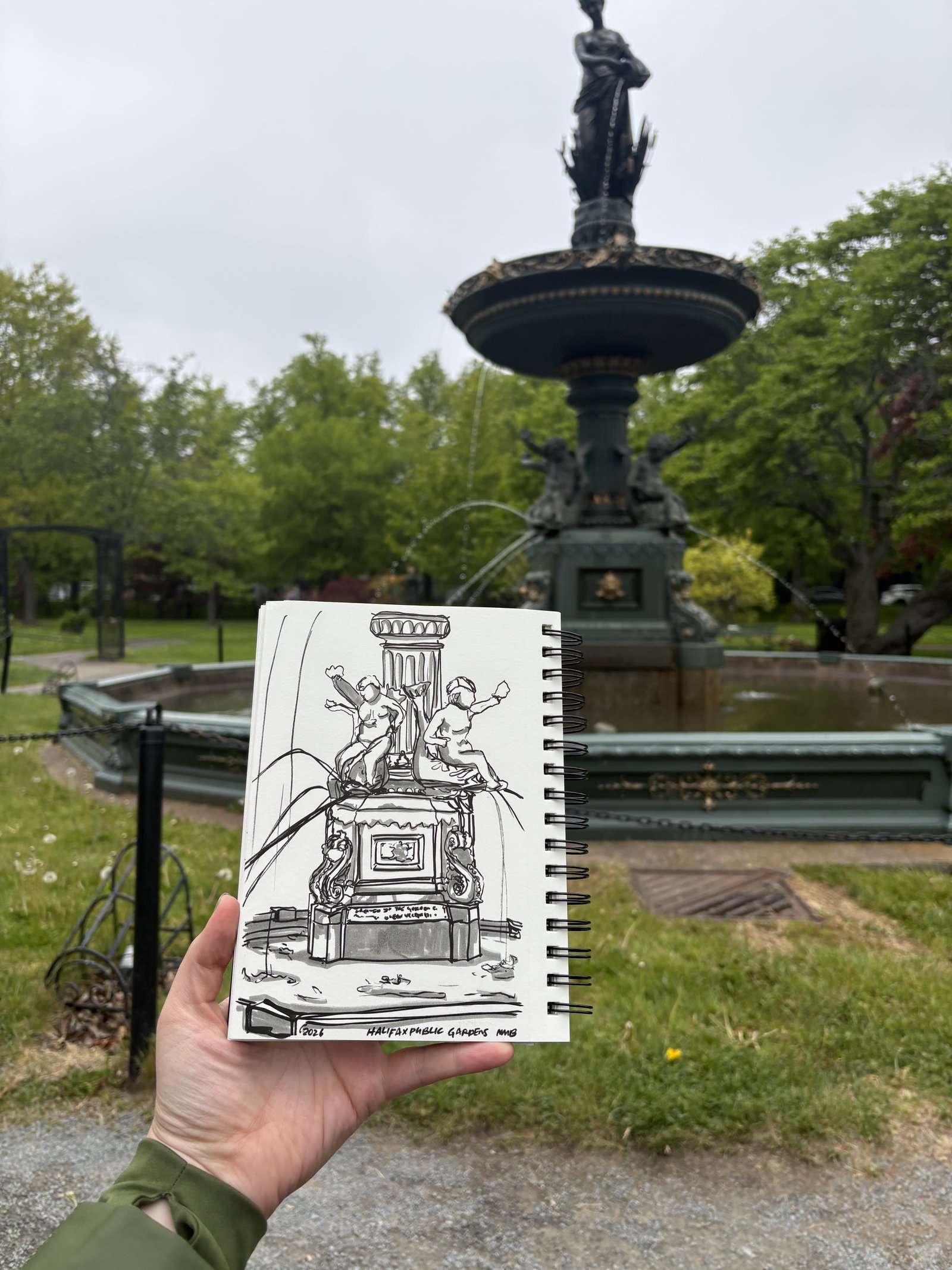 Ink sketch of the fountain at Halifax Public Gardens, drawn on location