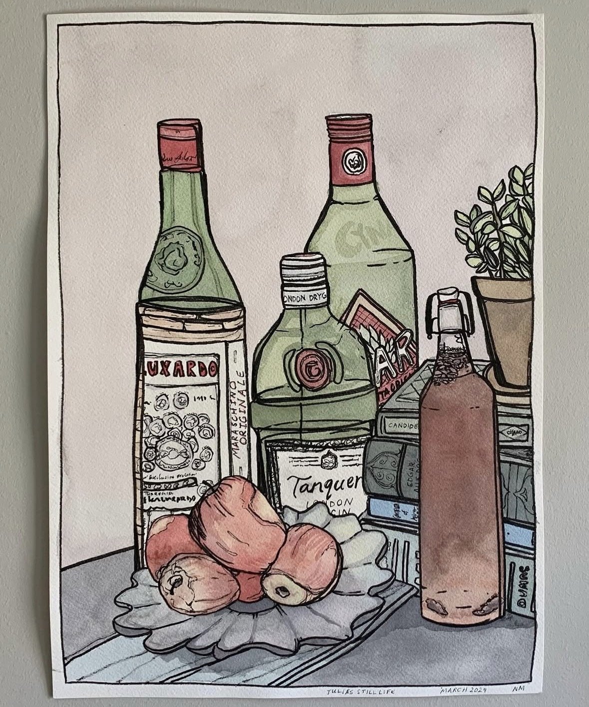 Julia's Still Life, ink and watercolour still life with bottles and shallots