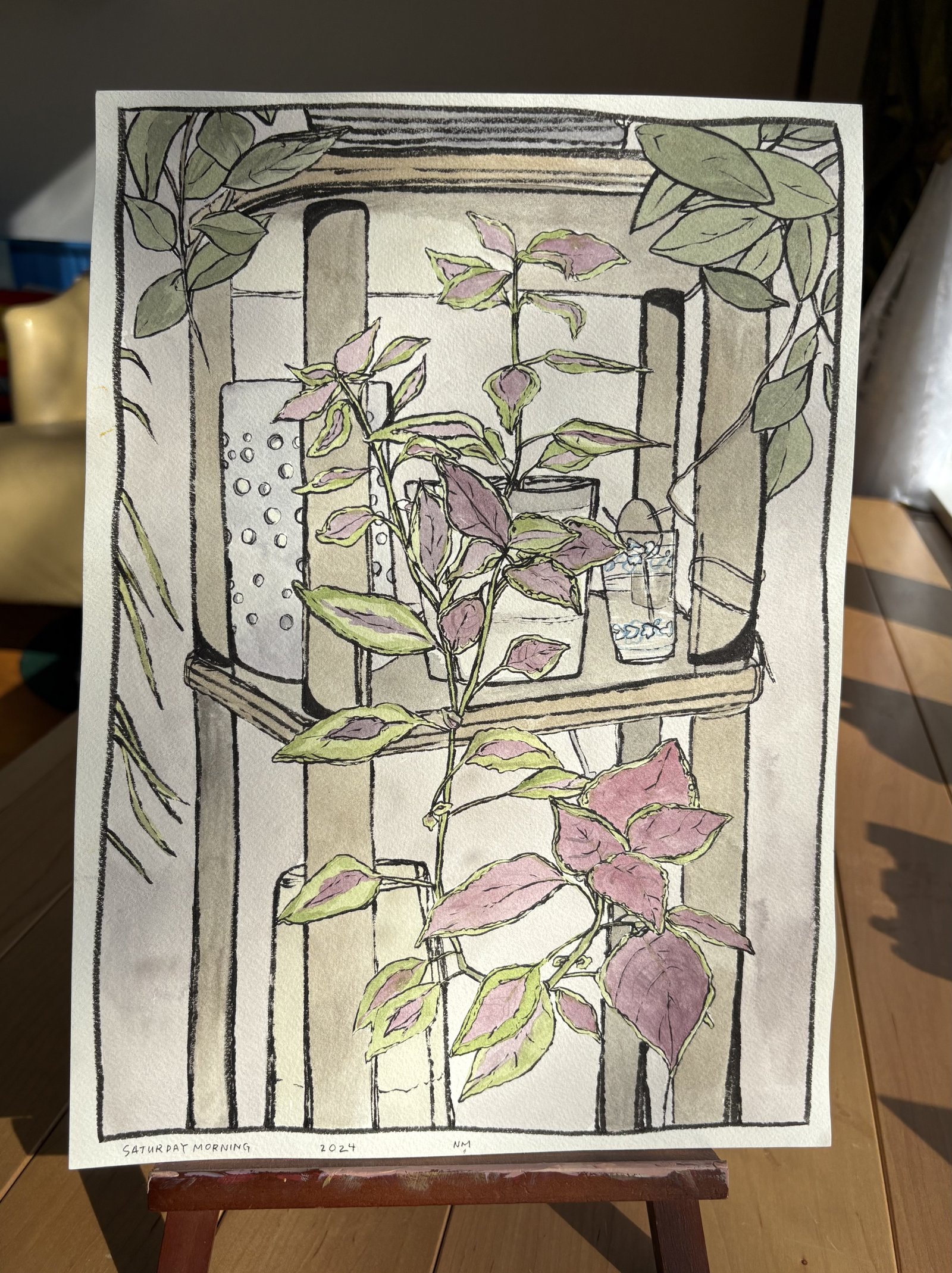 Saturday Morning, ink and watercolour still life of a plant on a shelf